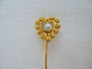 Fine Antique High Carat Gold & Seed Pearl Heart Form Stick Pin.