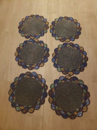 Rare Set Of 6 Pier 1 Imports 15 " Round Beaded Teal Scallop Placemats