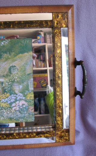 1930s Art deco Walnut Frame Mirror & Coloured Glass Vintage 2 Handled Tray 3