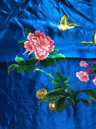 Vintage Chinese Royal Blue Silk Flower & Butterfly Embroidery Embroidered Panel 2