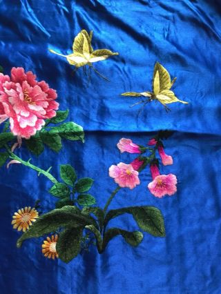 Vintage Chinese Royal Blue Silk Flower & Butterfly Embroidery Embroidered Panel 3