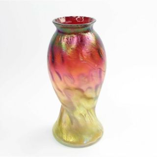 Art Nouveau Glass Vase Iridescent Studio Antique Twisted Red Yellow Trailed