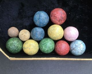 12 Antique Clay Marbles 10 Colored 1/2 " - 7/8 "