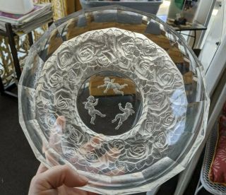 Lalique Glass Crystal Bowl Cherubs,  Roses Vintage 60s Discontinued Rare