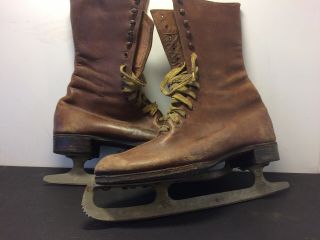 Antique Edwardian Ladies Ice Skates & Boots Brown Leather