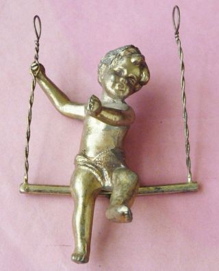 Vintage Gold Gilt Spelter Cherub Figure On A Swing Shabby Chic