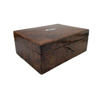 Antique Vintage Burr Walnut Veneered Wooden Box Trinkets Jewellery With Key 2