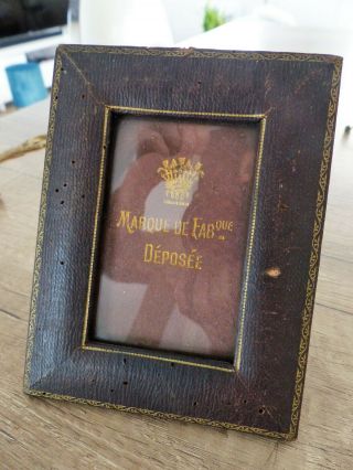 Petit Cadre à Poser Ancien En Cuir Antique Leather Frame 13.  5 X 10.  5 Cm