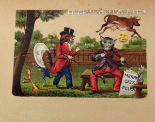 Antique Victorian Scrap/card Album Page Anthropomorphic Cat Dog Rhyme Die Cut