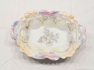 Antique Ipf Germany,  Double Handle Oval Serving Bowl,  Rose Pattern,  Gold Trim