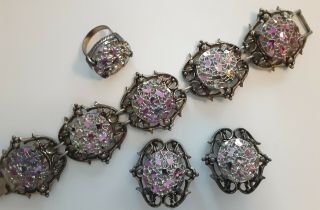 Vtg Rare Judy Lee Carnival Iridescent Art Glass Bracelet Earrings Ring 3 Pc Set