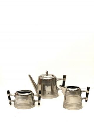 Three Piece Excelsior Art Deco Silver Plated Tea Set Christopher Dresser Style