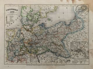 1849 Prussia Germany Antique Hand Coloured Map By Joseph Meyer