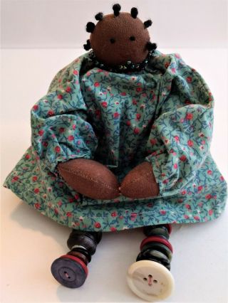 Vintage Folk Handmade African American Doll Shelf Sitting Button Legs Rare