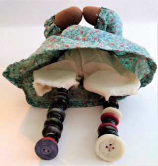 Vintage Folk Handmade African American Doll Shelf Sitting Button Legs RARE 2