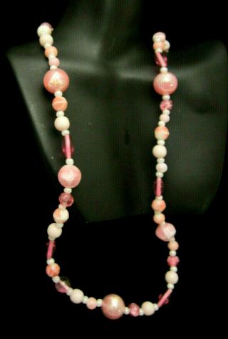 Rare Vintage 28 " X1/2 " Signed Miriam Haskell Pink Art Glass Bead Necklace A47