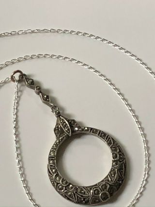 Antique Art Deco vintage sterling silver & marcasite round pendant & 925 chain 3