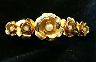 Kirks Folly Gold " Roses With Pearls " 2 " Spring Rare Hair Clip