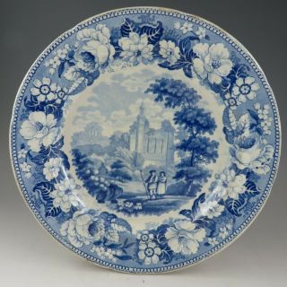 Antique Pottery Pearlware Blue Transfer Elkins Byland Abbey Yorkshire Plate 1825