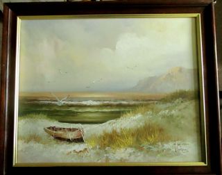 Vintage Oil On Canvas Seascape With Seabirds By Watkins