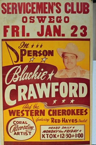 Rare Vintage Country Music Poster - Blackie Crawford & Western Cherokees - Coral