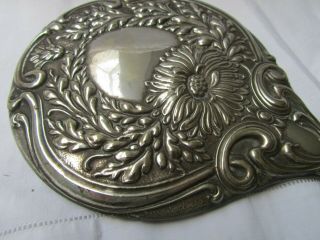 Antique Art Nouveau Vanity Silver Plated Chrysanthemum Hand Mirror.  Brush & Comb