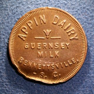 Extremely Rare South Carolina Token - Appin Dairy,  1 Quart,  Bennettsville,  S.  C.