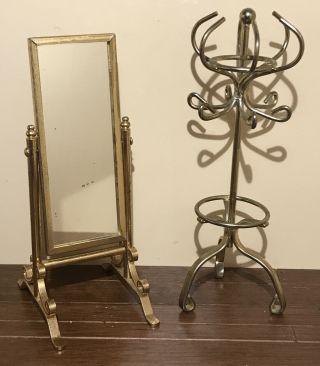 Dollhouse Miniature Vintage Furniture Brass Standing Mirror & Brass Coat Rack