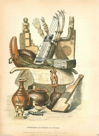 Instruments Musiques Poteries Congo Colonie France 1887 Gravure Antique Print