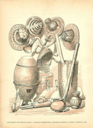 Coiffure Chapeau Instruments SÉnÉgal Colonie France 1887 Gravure Antique Print