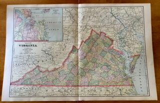 1906 Geo F Cram Railroad And County Map Of Virginia 22 " X 14” W/inset Of Norfolk