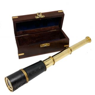 14 " Nautical Marine Leather Stitched Solid Brass Spyglass Telescope In Wood Box