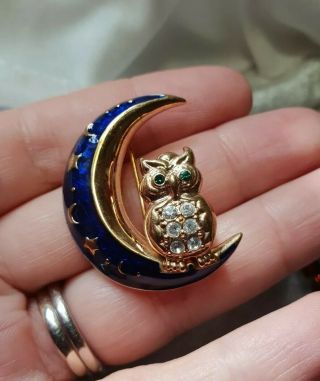 Antique Vintage Enamel And Crystal Owl On The Moon Brooch.  Signed