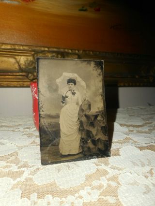 Antique Tintype Photo,  Young Woman,  White Dress,  Umbrella,  Corsage,  Gloves,  Tint