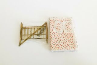 Vintage Dollhouse Brass Bed With Mattress Pillow & Sheet - Pink Flowers Print
