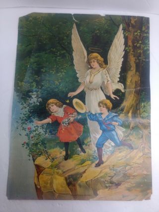 The Guardian Angel Lithograph Print Rare Antique Vintage 16 X 12