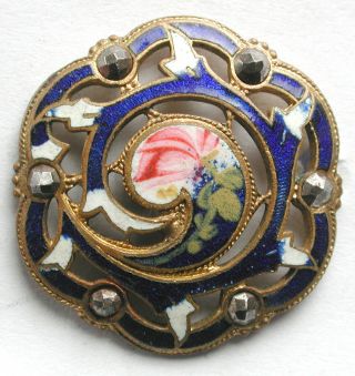 Antique Pierced French Enamel Button Rose & Cobalt W Cut Steel Accents - 15/16 "