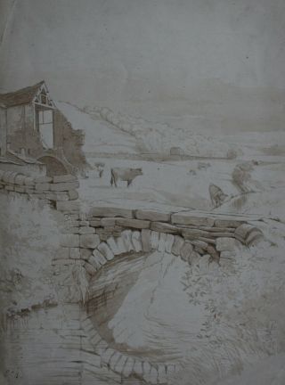 Signed sepia of Pastoral Yorkshire by British Artist E C Booth circa 1860 2
