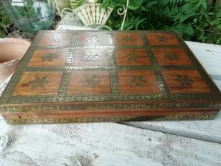 Vintage Mid Century Solid Teak Brass Inlay Flowers Indian Wooden Box Lined