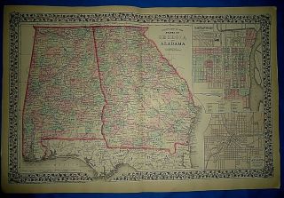 Vintage 1878 Map Georgia - Alabama - Savannah - Atlanta Old Antique