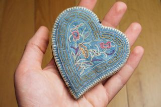 Antique Chinese Qing Dynasty Silk Embroidered Heart Shaped Ear Covers/warmers