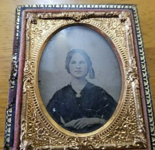 Vintage Antique Framed Tintype Photo Of Lady Fancy Hair Apox.  2 1/2 " X 3 "