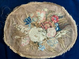 Antique Petit Point Tapestry Floral Oval Panel,  56 Cm Wide
