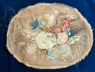 ANTIQUE PETIT POINT TAPESTRY FLORAL OVAL PANEL,  56 CM WIDE 2