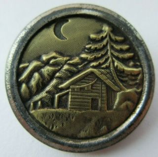 Pristine Antique Vtg Victorian Metal Picture Button Cabin W/ Crescent Moon (r)
