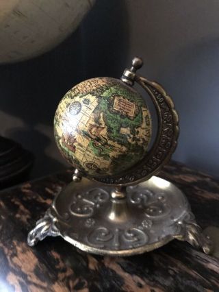 Vintage Italian Small Desk Top World Globe With Brass Metal Ornate Dish Stand