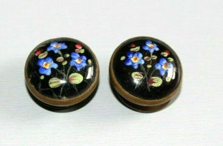 Antique Victorian Hand Painted Glass Button Studs Or Cufflinks.  Floral