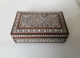 Vtg▪egyptian ?▪inlaid Wood Mother Of Pearl Marquetry ▪jewelry Trinket Box▪ 7x4