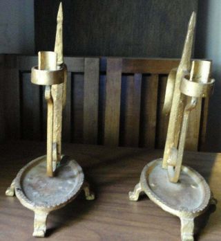 Antique Rare Gilt Cast Iron Pair Rushlight Peerman Pricket Candle Holders