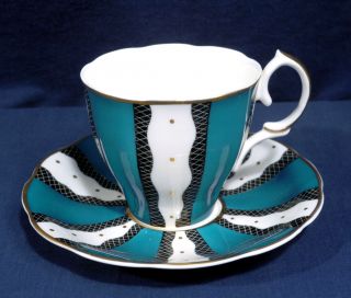 Rare Susie Cooper China Art Deco Blue - Green Black White Bands Cup And,  Saucer